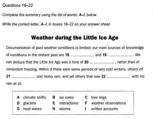 IELTS reading summary completion with list