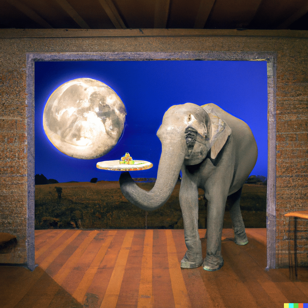 Image: DALL·E-2023-05-10-11.29.05-An-elephant-in-a-room.-The-elephant-if-offering-you-a-piece-of-birthday-cake-by-holding-it-out-towards-the-centre-of-the-screen.-There-is-a-blue-moon